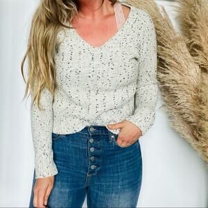 BANANA REPUBLIC White Black Marled Chunky Knit V Neck Cropped Pullover Sweater S